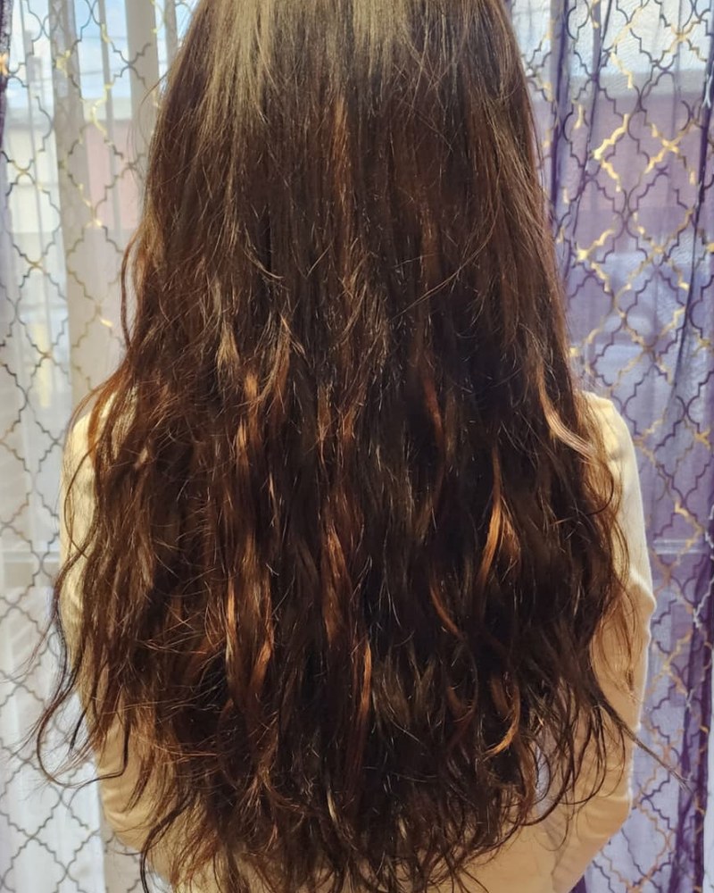 Long brunette hair after K-Tip fusion extensions